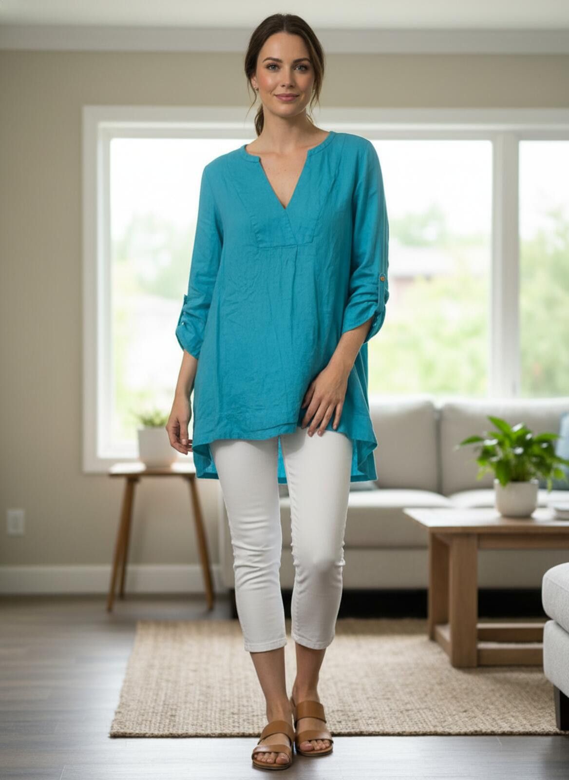 Preston & York Preston & York Women's Turquoise Linen Tunic Top Size L Size L / US 10 / IT 46 - 1 Thumbnail