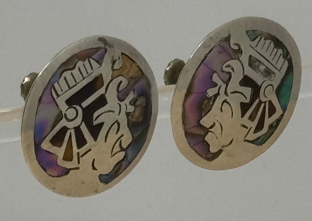 Other Vintage Mexican Sterling Silver & Abalone Aztec Earrings Size ONE SIZE - 2 Thumbnail