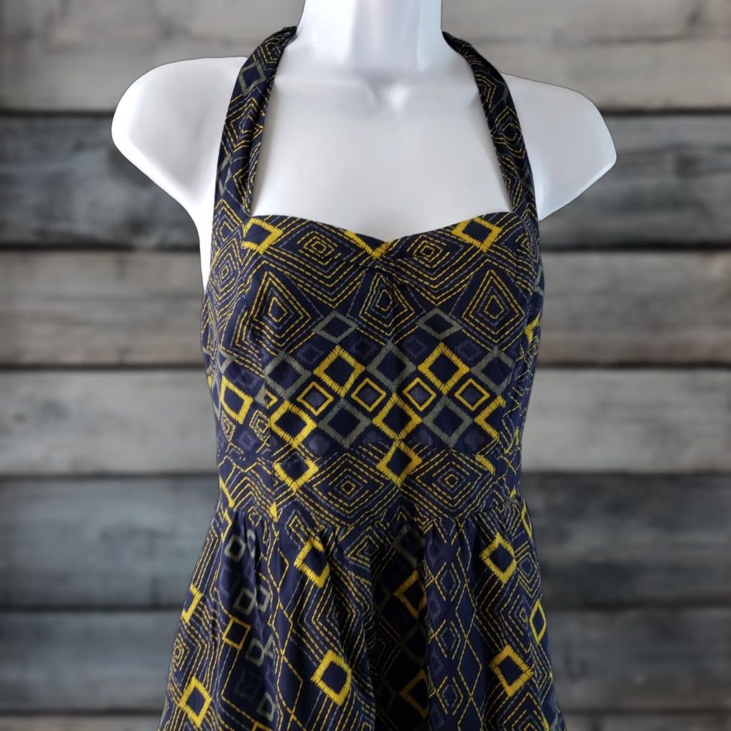Vintage Edme & Esyllte Womens Rythmic Repetition Halter Dress Sz 0 Blue Yellow Cotton Size XS / US 0-2 / IT 36-38 - 1 Thumbnail