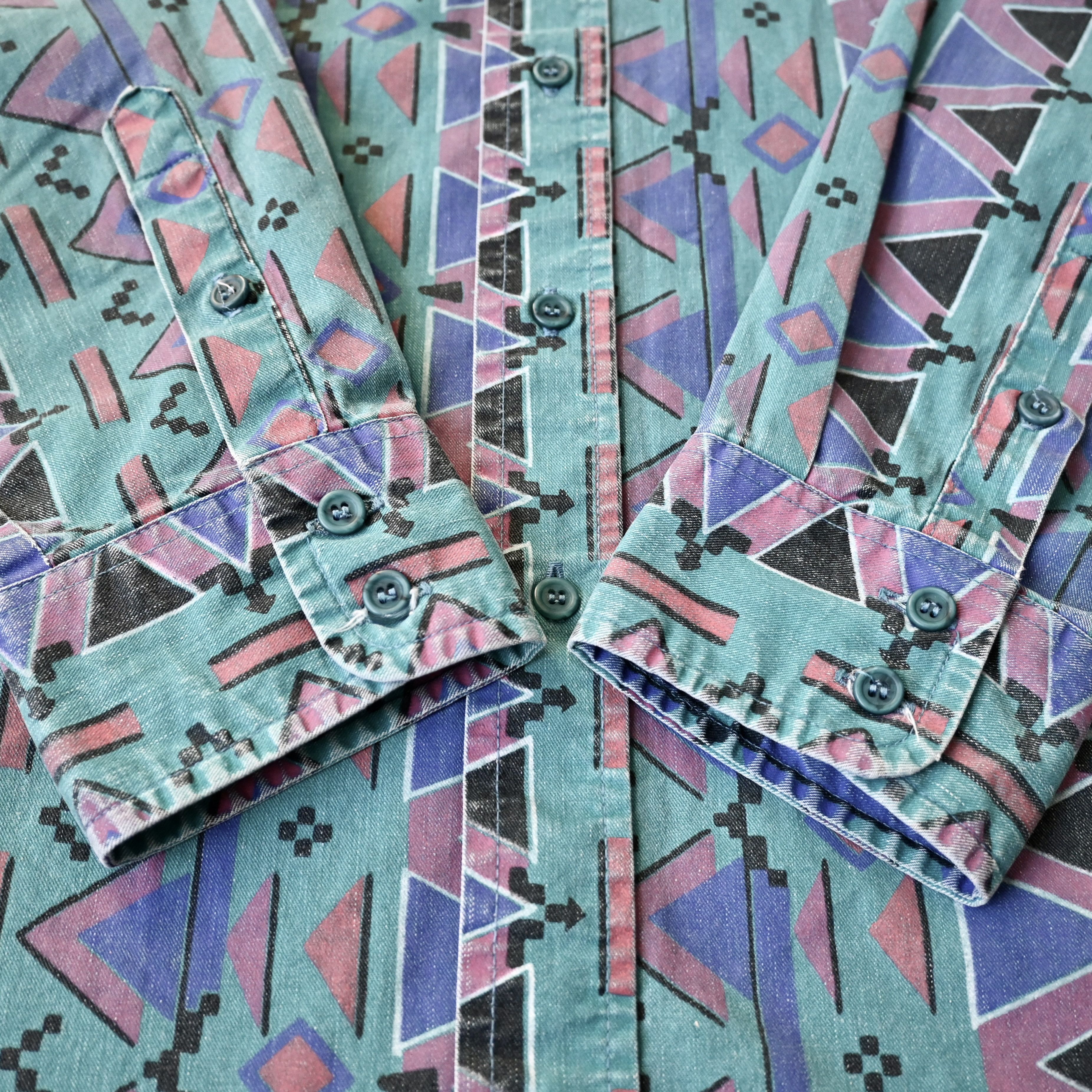 Vintage VTG 90s Wrangler Brushpopper shirt Aztec Navajo teal 17.5-35 Size US XL / EU 56 / 4 - 7 Thumbnail