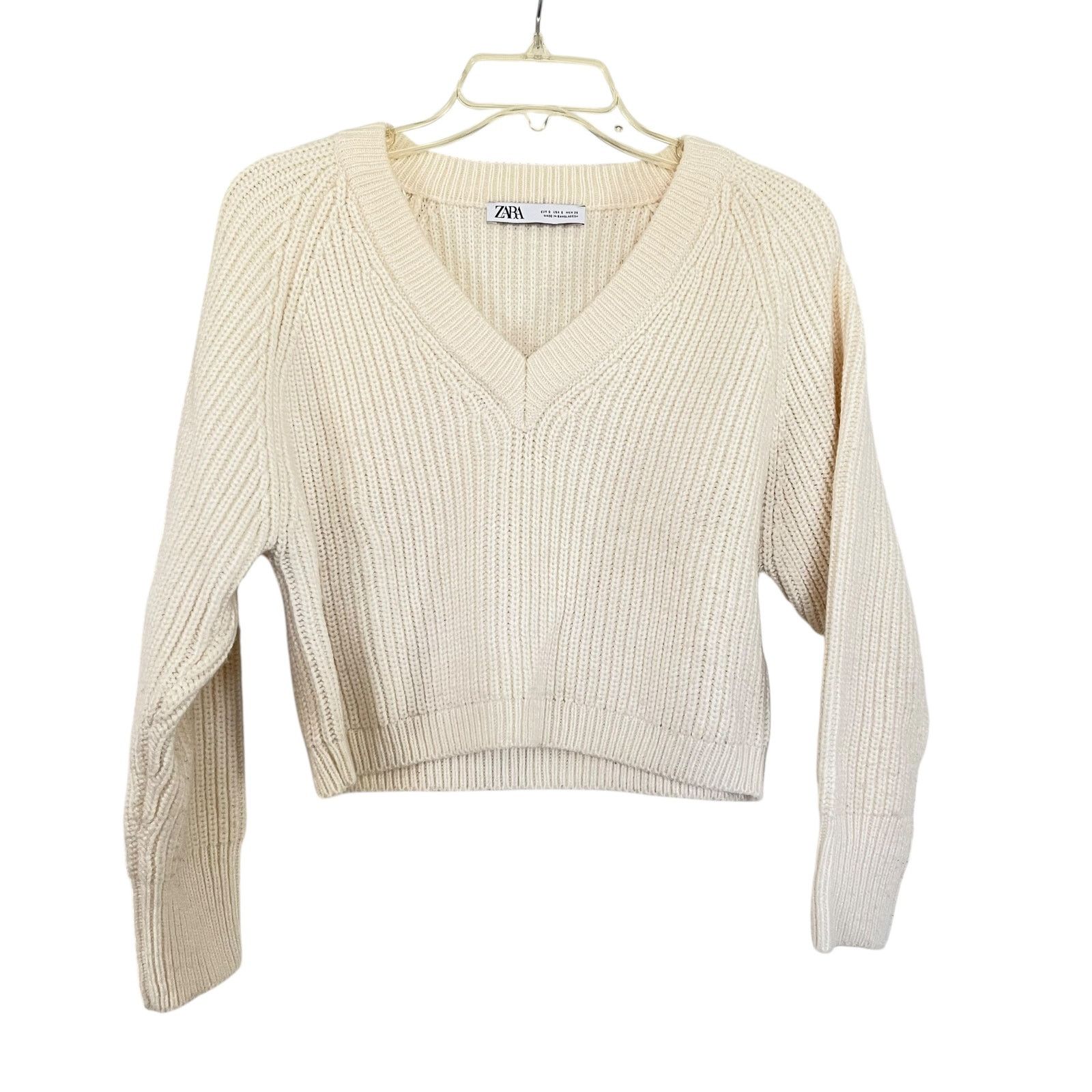 Zara Zara Ecru Rib Knit Cropped Sweater V-Neck Small Size S / US 4 / IT 40 - 1 Thumbnail