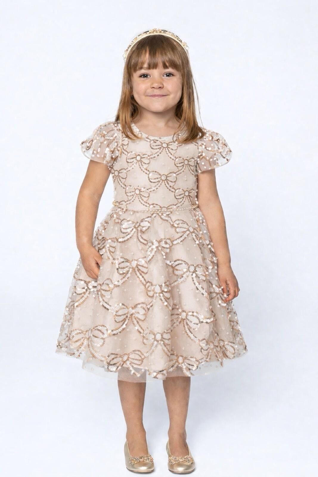 Other Rare Editions Girls Dress Sequin Bow Puff Illusion Sleeve 4T Size ONE SIZE - 1 Thumbnail