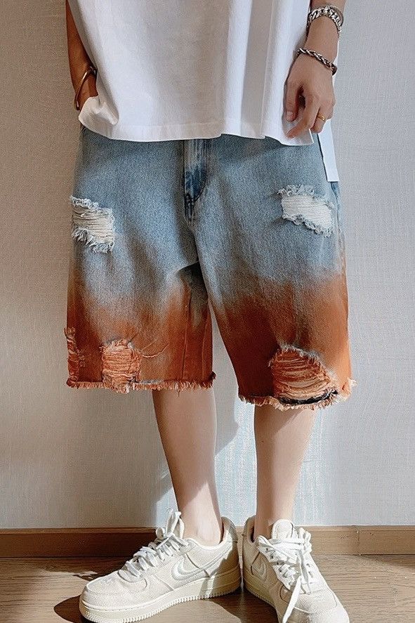 image of Vintage Dirty Paint Dyed Distressed Ripped Baggy Denim Shorts in Mix, Men's (Size 30)