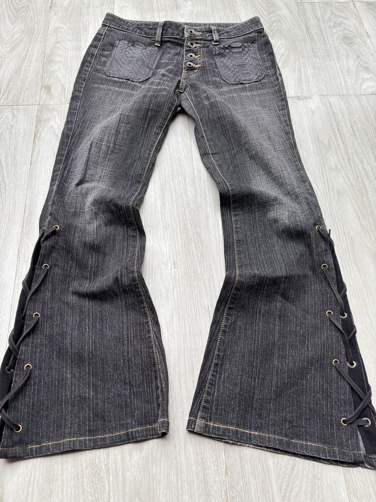 Japanese Brand CAMEL ROAD phyton lace-up flare jeans Size US 27 - 1 Thumbnail