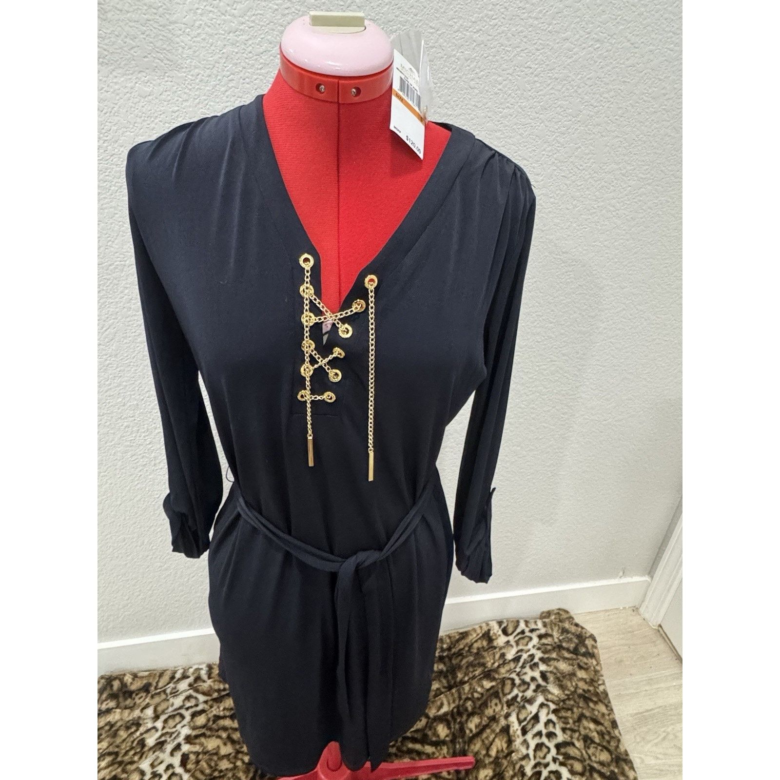 Michael Kors Michael Kors Navy Gold Chain Lace Up Shift Belted Dress Size S / US 4 / IT 40 - 2 Thumbnail