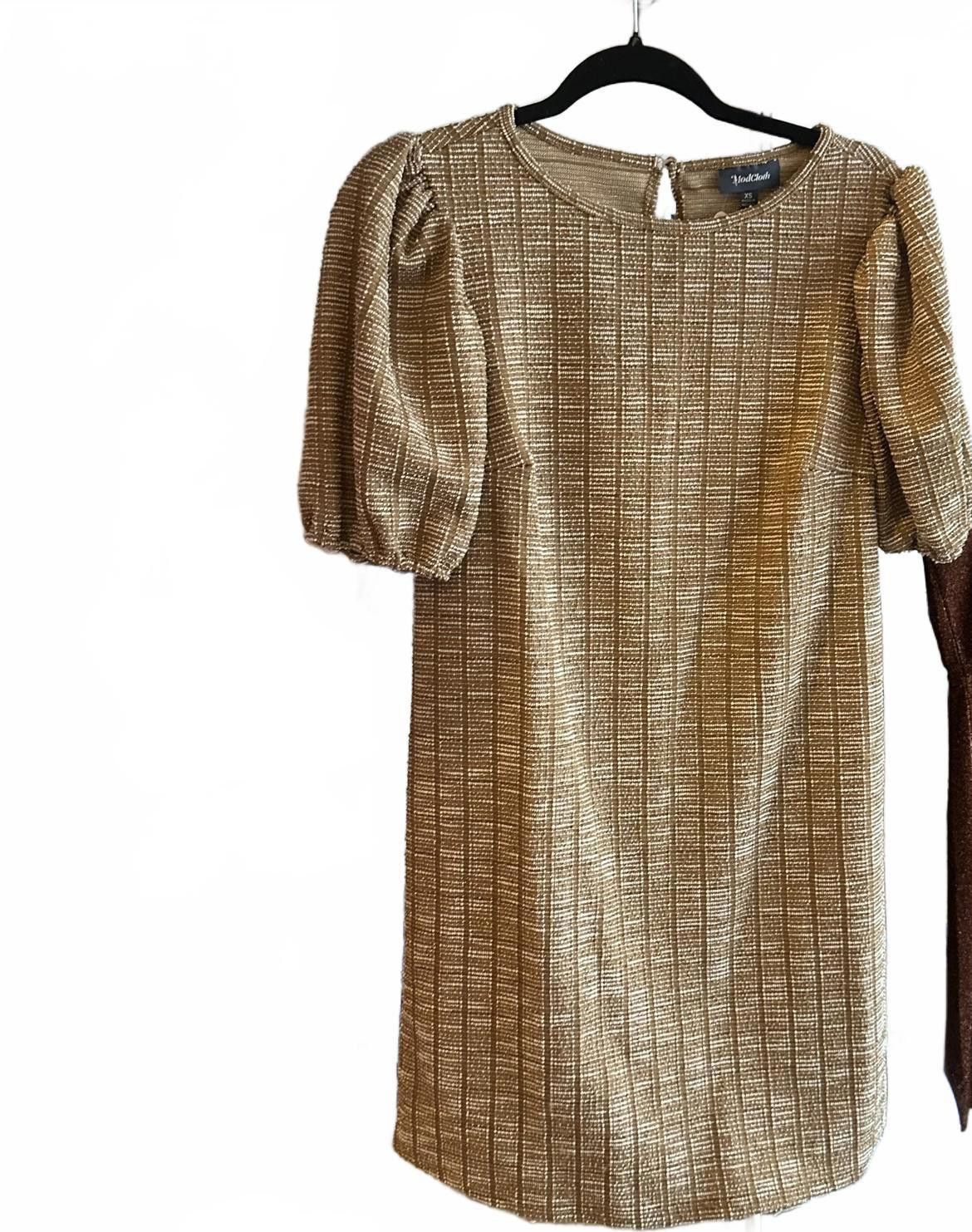 Designer Elegant Gold Puff Sleeve Dress by ModCloth - XS Size XS / US 0-2 / IT 36-38 - 1 Thumbnail