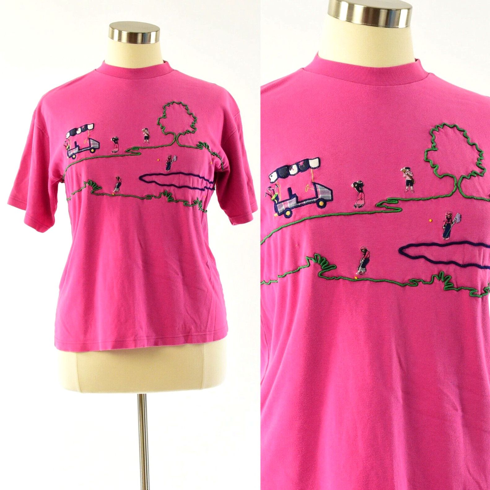 image of Pinko 90's Vintage Pink Appliqued & Embroidered Golfing Tee Shirt Womens XL Heirlooms in White