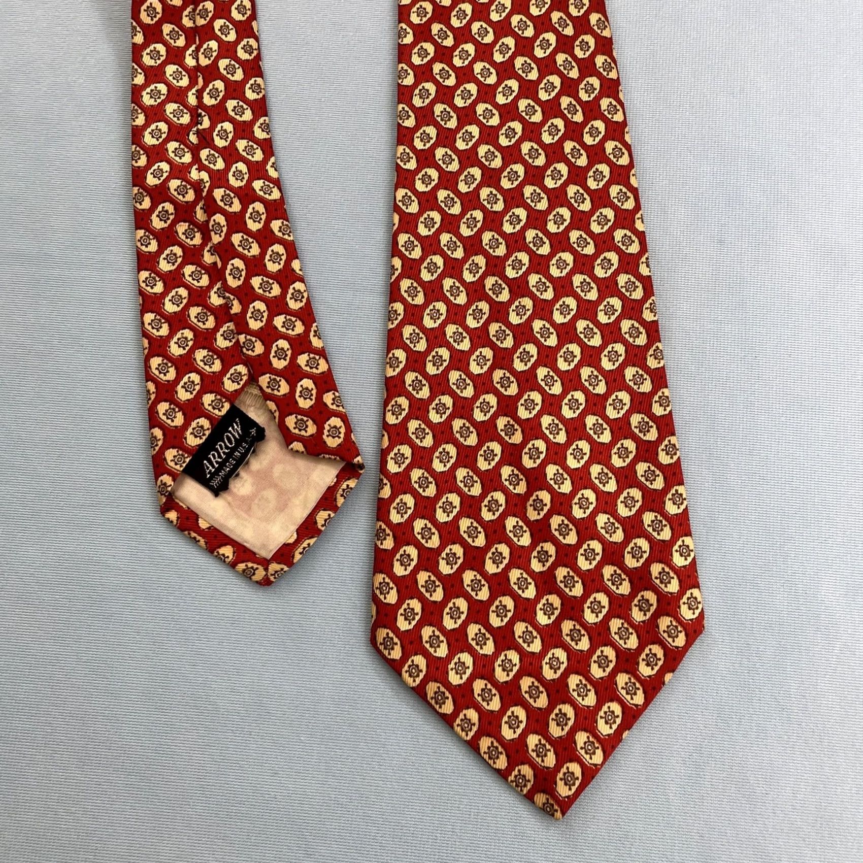Arrow VINTAGE Arrow USA NeckTie Geometric Rockabilly Foulard Wide Swing Tie 4x50" Silk Rayon Red Orange Yellow One Size Men Tie Size ONE SIZE - 2 Thumbnail