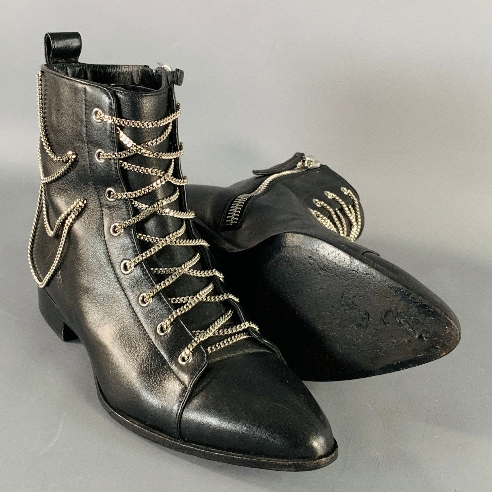 Giuseppe Zanotti GIUSEPPE ZANOTTI Black Leather Chain Side Zipper Ankle Boots Size US 5 / IT 35 - 5 Thumbnail