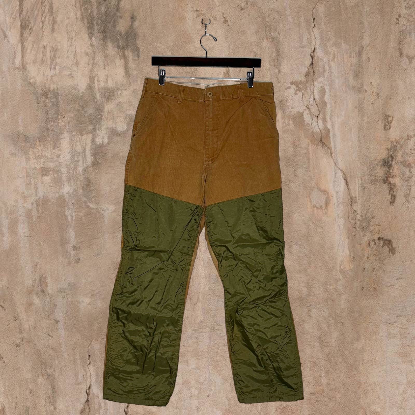 image of True Vintage Work Pants Thick Canvas Green Baggy Saftbak 70's in Tan, Men's (Size 34)
