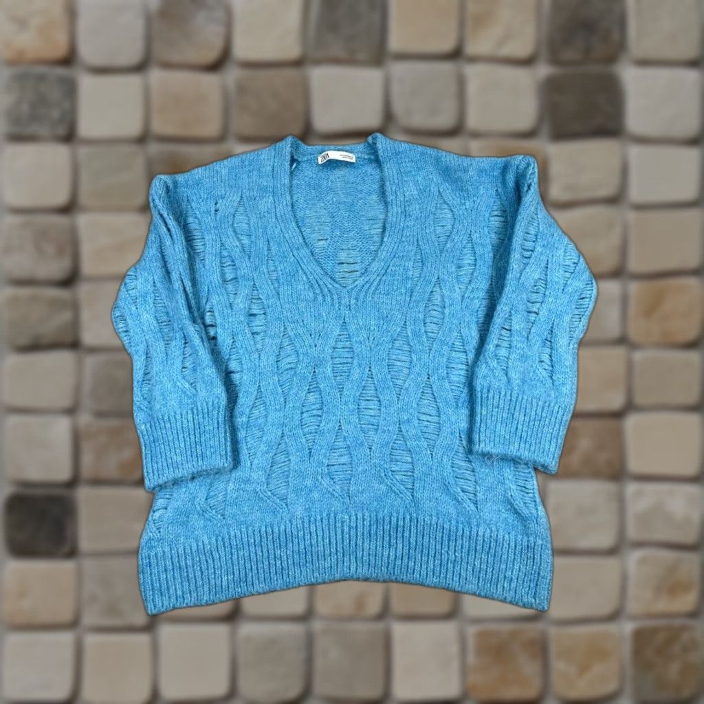 Zara Zara Womens Small Blue Cable Knit Pullover Sweater V-Neck Long Sleeve Casual Winter Fall Regular Size S / US 4 / IT 40 - 1 Thumbnail