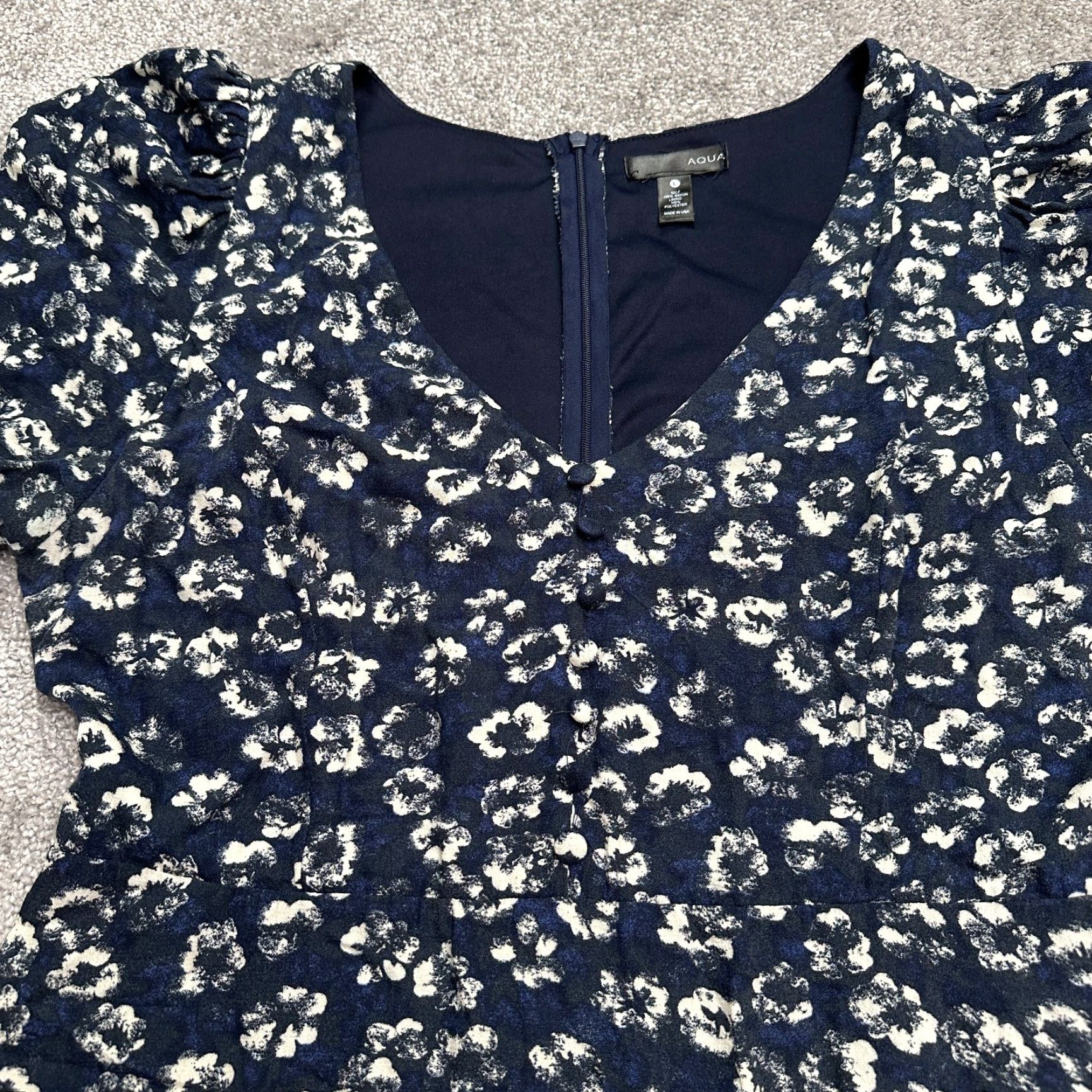 AQUA Aqua Bloomingdale's A-Line Floral Dress Womens Large Navy Blue Puff Sleeve Size L / US 10 / IT 46 - 3 Thumbnail