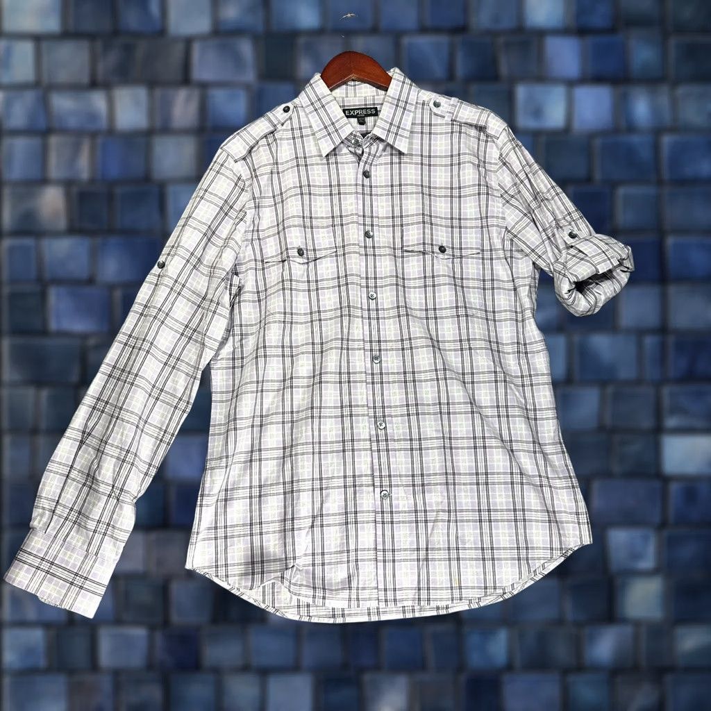Express Express Shirt Mens Large Fitted Button Up Purple Stretch Plaid Roll Tab Sleeve Size US L / EU 52-54 / 3 - 1 Thumbnail