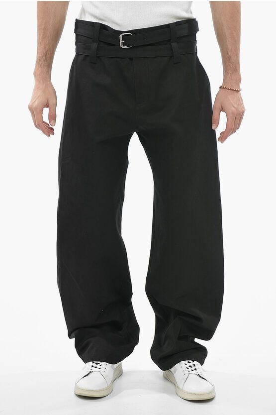 image of Bottega Veneta Twill Wide Leg Pants With Double-Layer Belt in Black, Men's (Size 34)