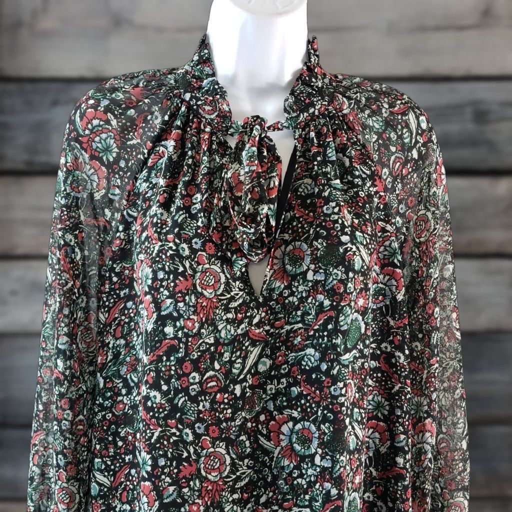 Rebecca Minkoff Rebecca Minkoff Womens Blouse XS Black Green Floral Neck Tie Long Sleeve Size XS / US 0-2 / IT 36-38 - 1 Thumbnail