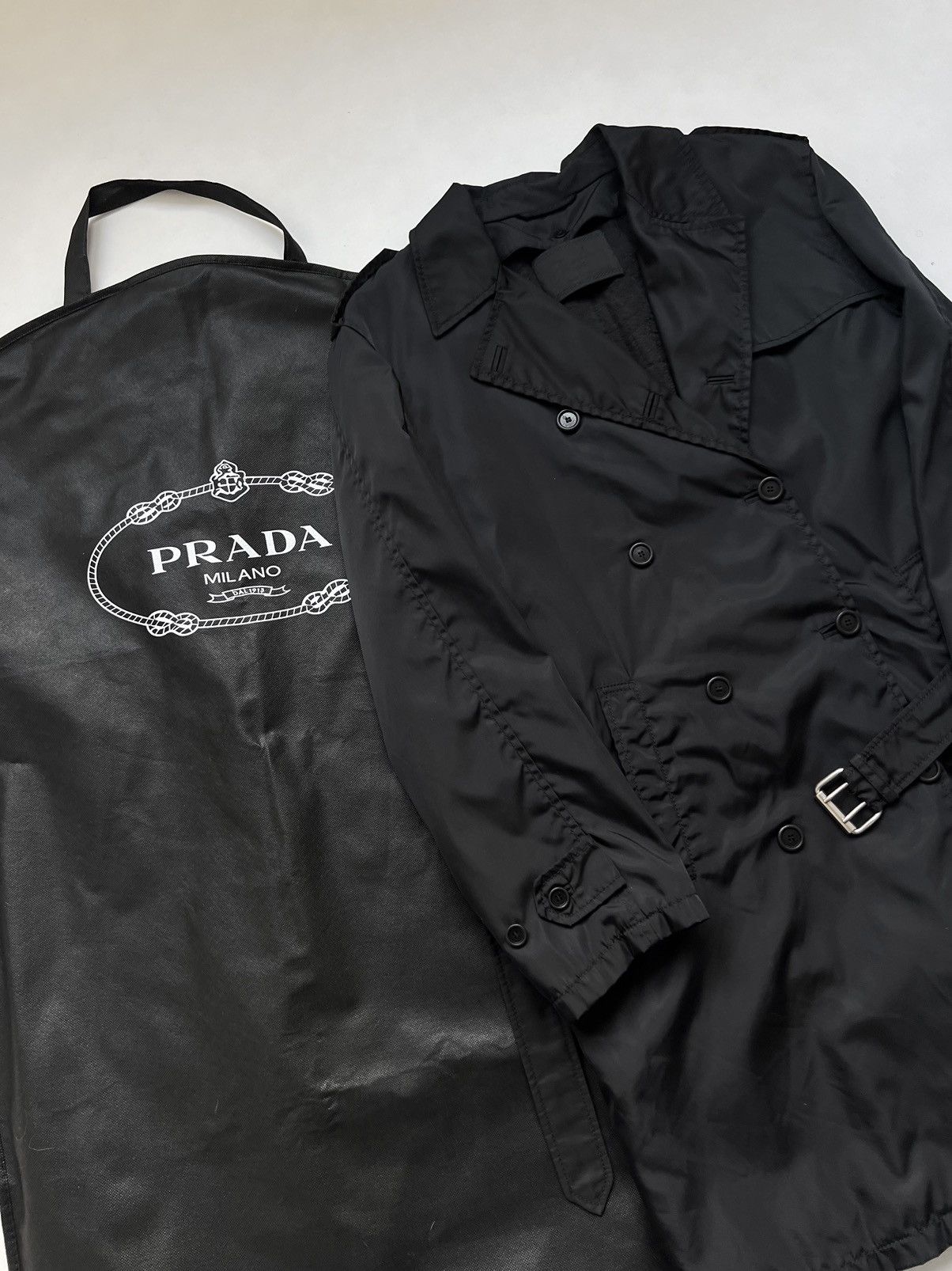 Prada 90s Prada ReNylon Double Breasted Black Trench Coat Size US M / EU 48-50 / 2 - 4 Thumbnail