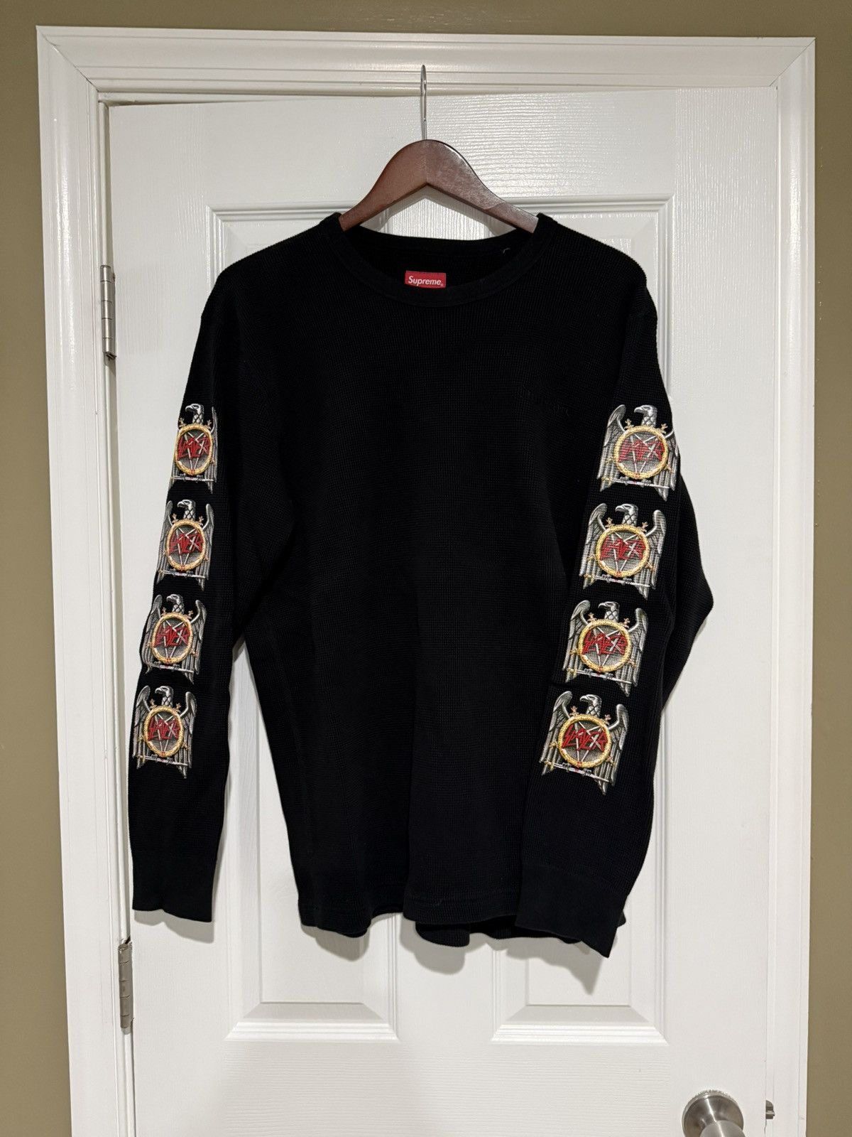 希少 Supreme Slayer Eagle Waffle Thermal New SUPREME x SLAYER Eagle White Thermal Long Sleeve Shirt