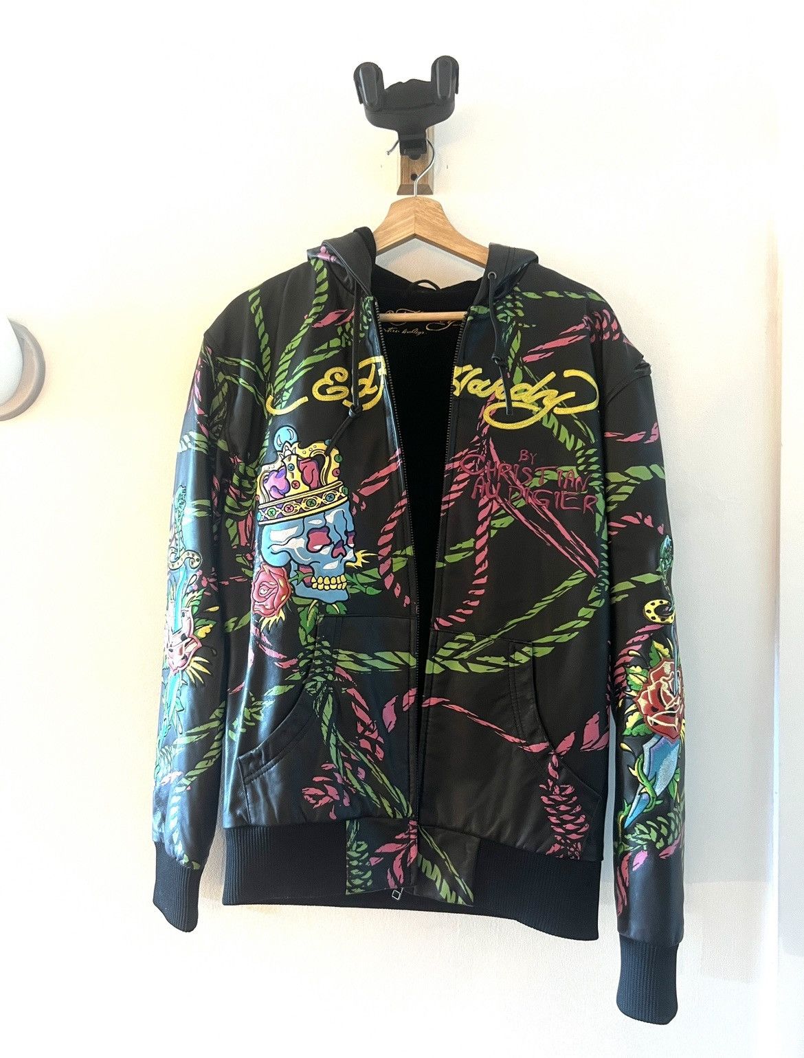 Christian Audigier Ed Hardy Tattoo Hooded Leather Jacket Size US M / EU 48-50 / 2 - 2 Thumbnail