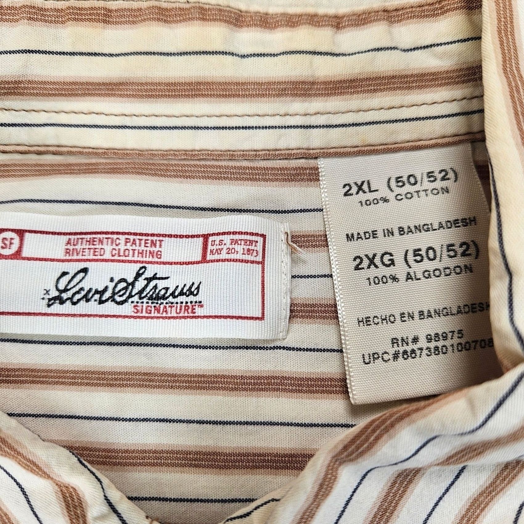 Vintage Levi Mens 2XL Striped Button Down Shirt Long Sleeve Brown Size US XXL / EU 58 / 5 - 2 Thumbnail