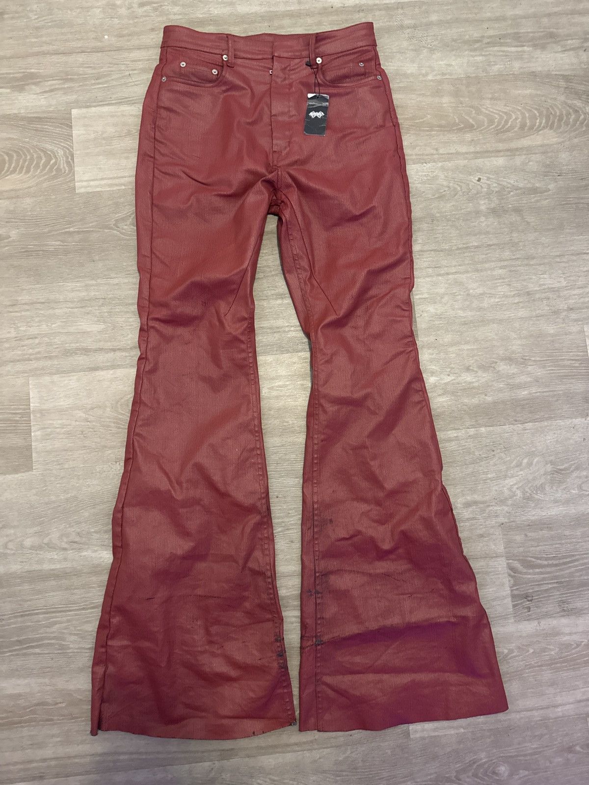 Rick Owens Lido ss24 Bolan Waxed Bootcut Pants In Cardinal Red 