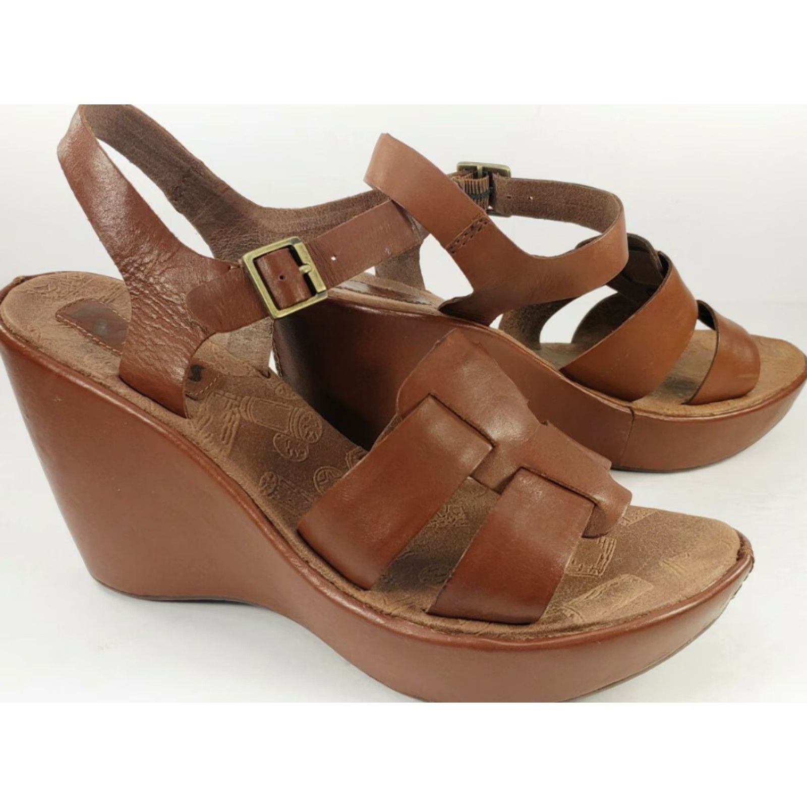 Vintage Korks by Kork-Ease Della Brown Leather Wedge Platform Sandals Women's 9M 40.5EU Size US 9 / IT 39 - 2 Thumbnail