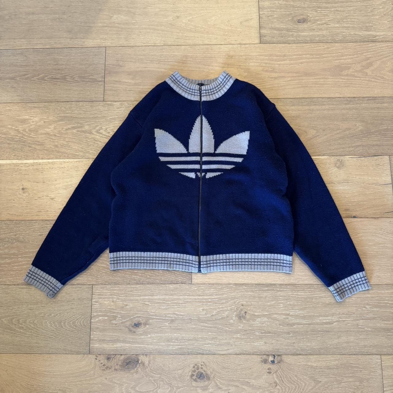 Adidas Vintage 90s Navy and White Adidas Zip Up Knit Sweater! Size US L / EU 52-54 / 3 - 3 Thumbnail
