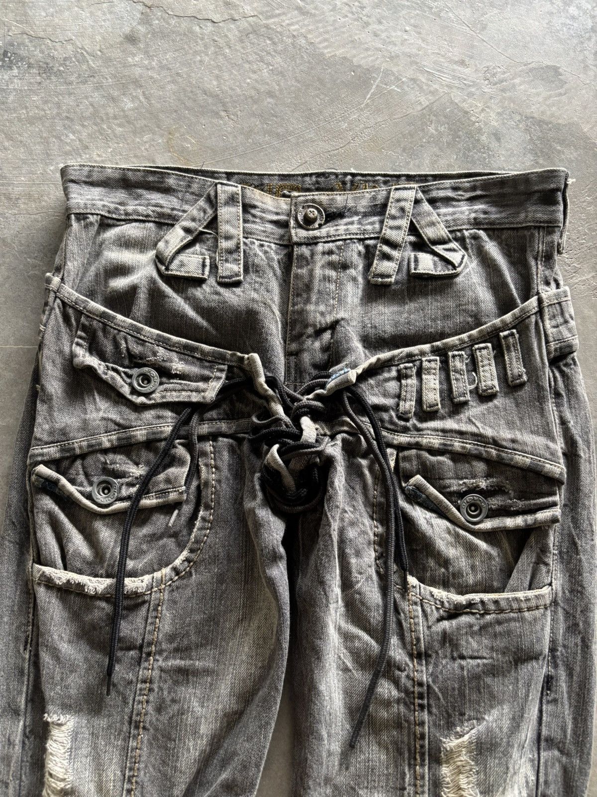 Japanese Brand Distressed double waist lace up jeans punk grungy stye Size US 32 / EU 48 - 2 Thumbnail