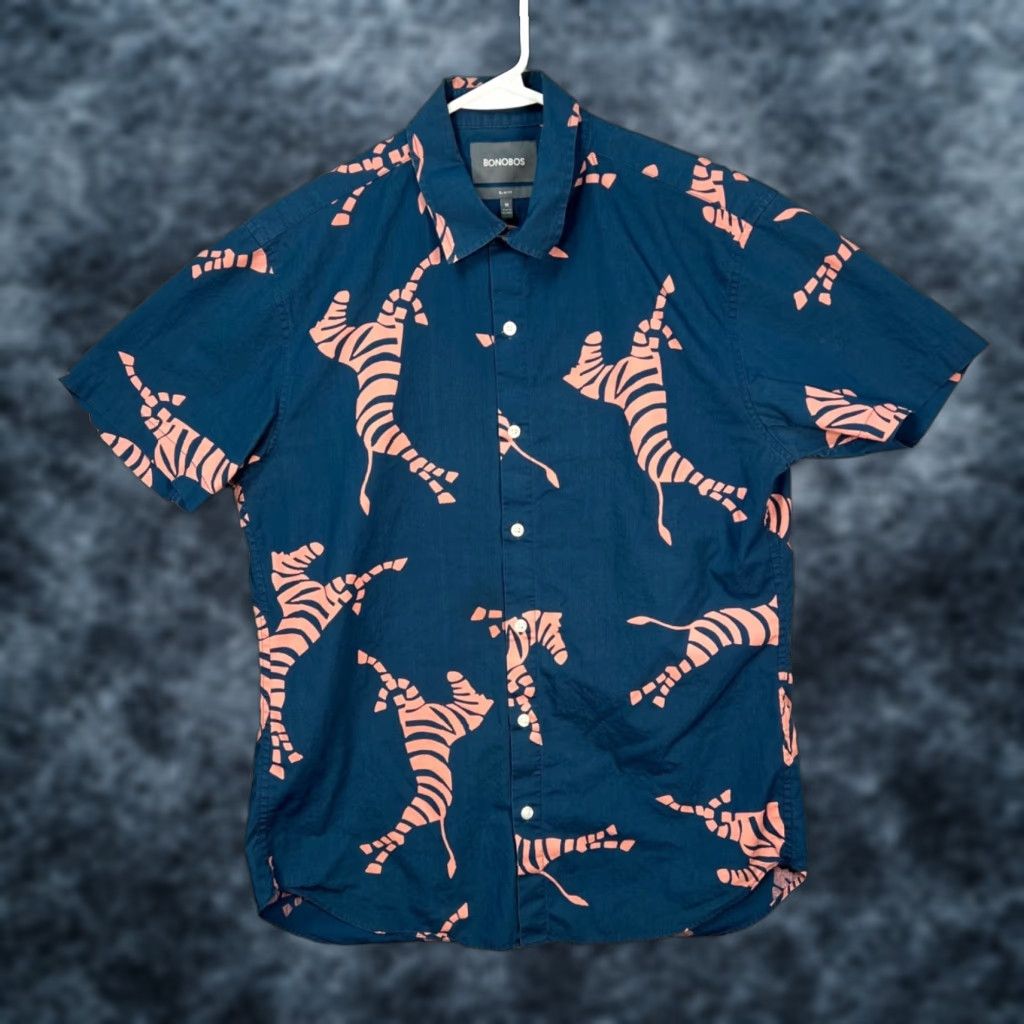Bonobos Bonobos Shirt Mens Medium Blue Slim Fit Short Sleeve Button-Up Pink Zebra Print Size US M / EU 48-50 / 2 - 1 Thumbnail