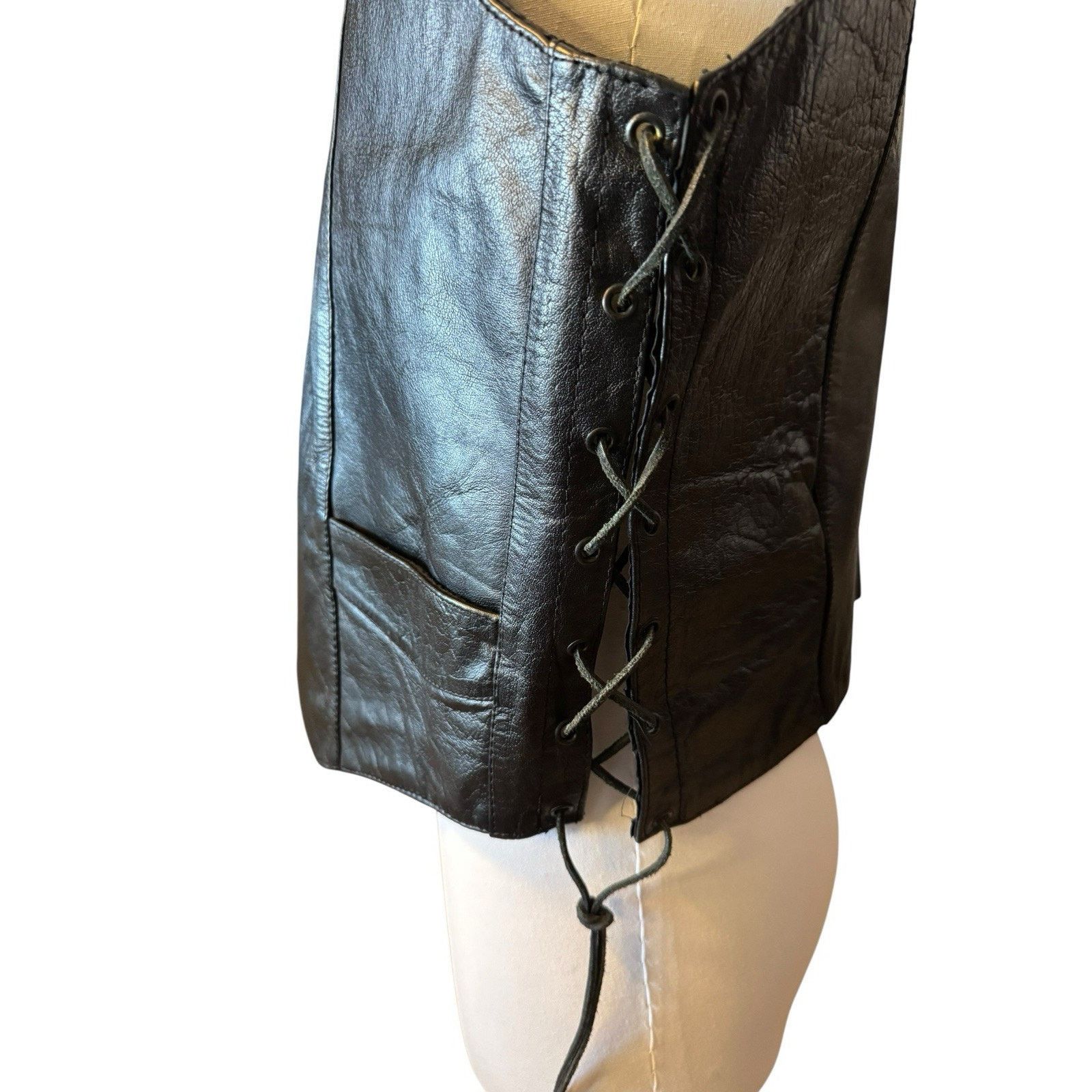Genuine Leather Vintage Genuine Leather Black Motorcycle Vest Side Lacing Size US XL / EU 56 / 4 - 2 Thumbnail