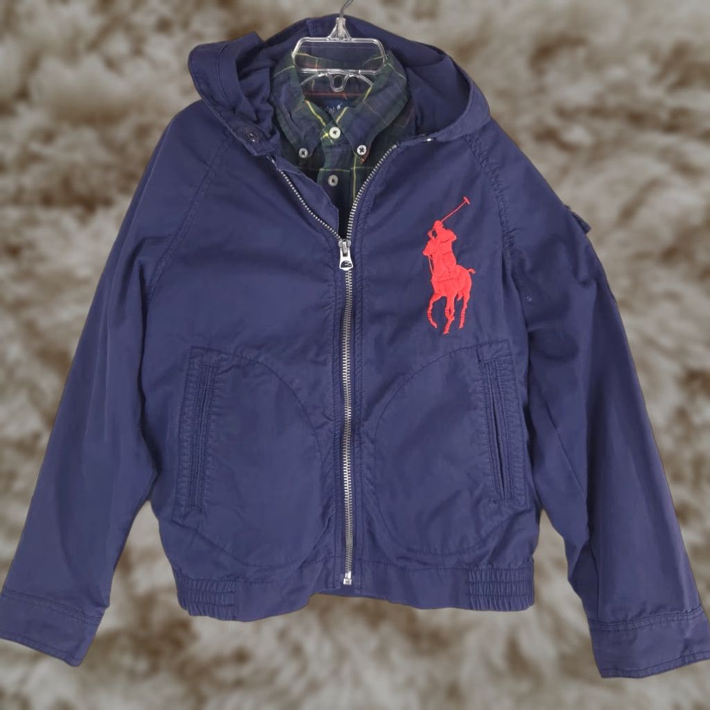 Polo Ralph Lauren Boys Outfit Set 7-8 Hooded Navy Plaid Jacket & Long Sleeve Shirt