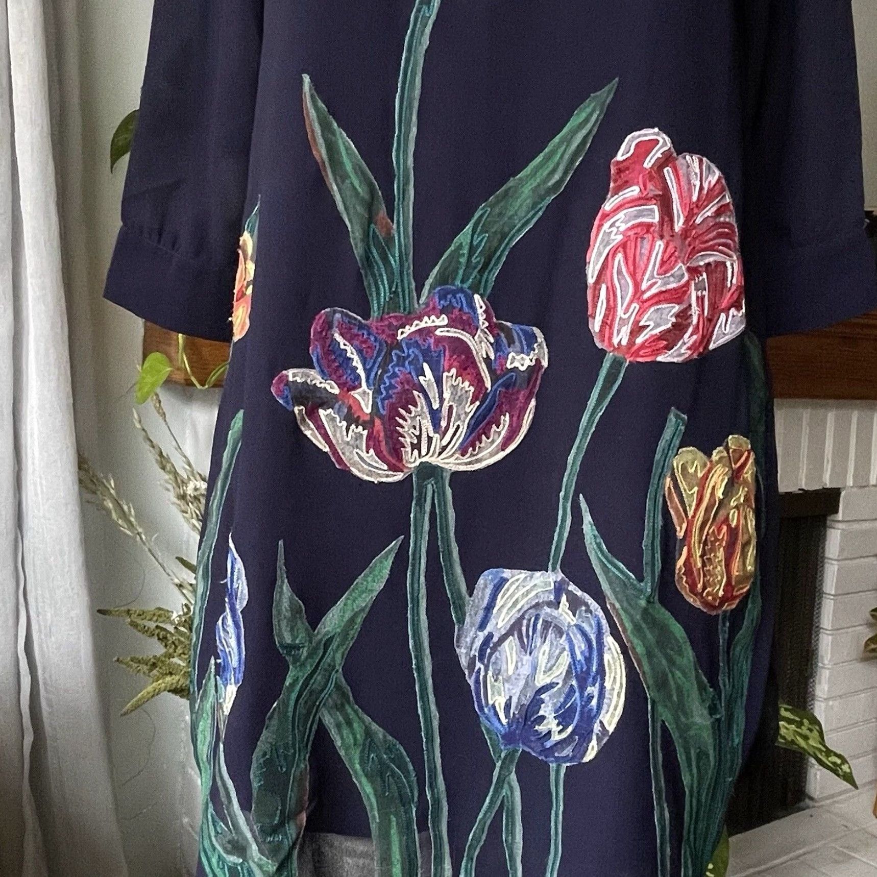 Anthropologie Anthropologie Pankaj & Nidhi Navy Blue Floral Embroidered Shift Dress Midi Sz SP Women Size S / US 4 / IT 40 - 7 Thumbnail