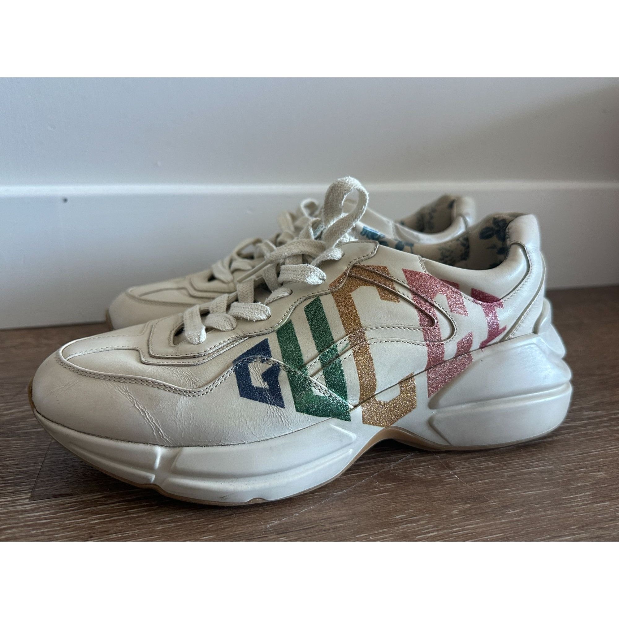 Gucci Rhyton Multicolor Logo Womens Sneakers Size 38 Cream W