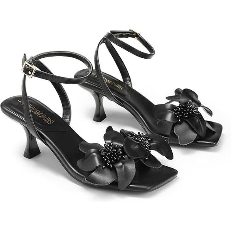 Other Dream Pairs Size 7 Black Open Toe Flower Ankle Strap Heels Size US 7 / IT 37 - 3 Thumbnail