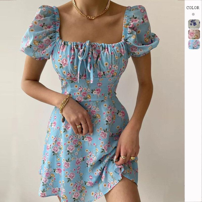image of Vintage Stylish Floral Dress With Puffed Sleeves in Blue, Women's (Size Medium)