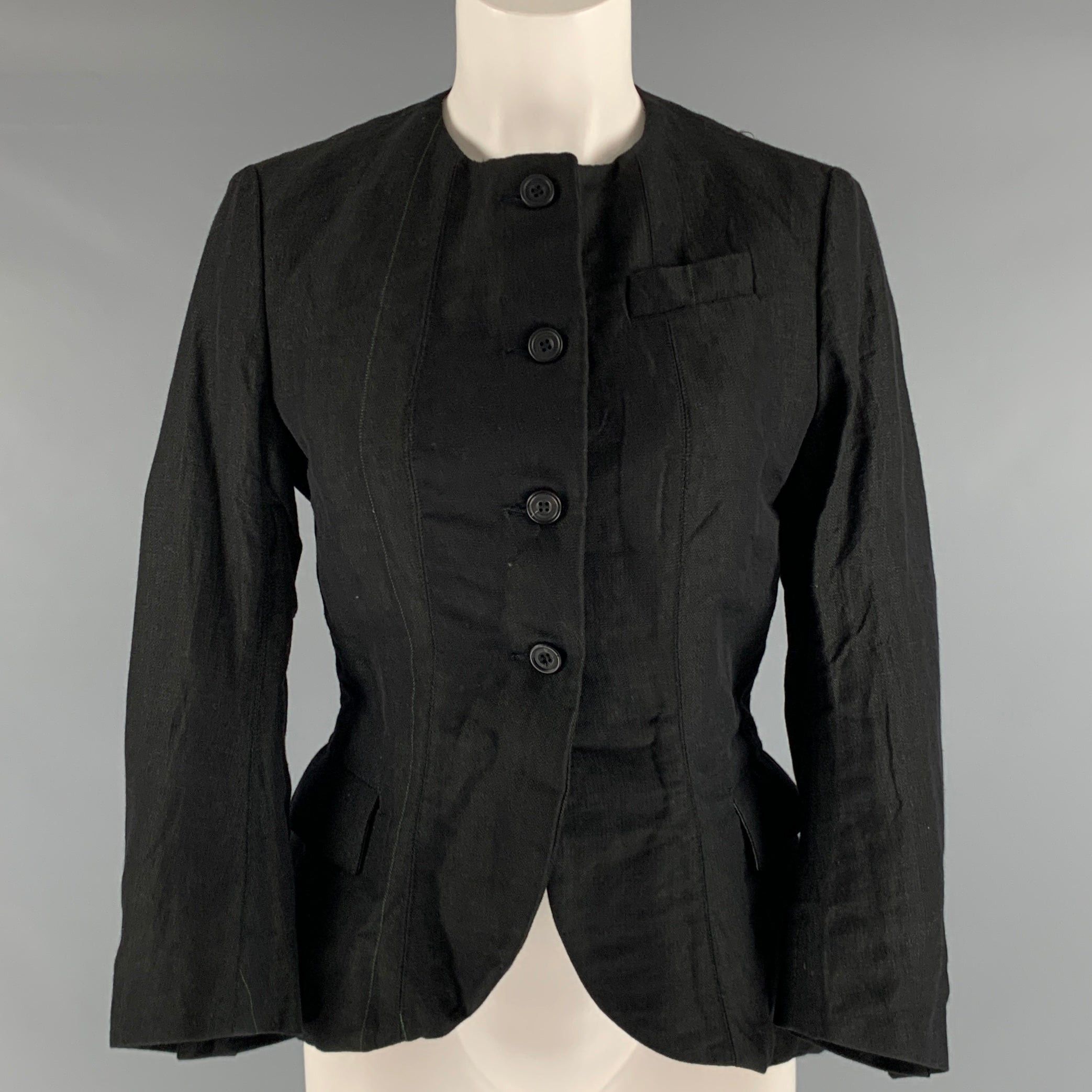 image of Paul Harnden Shoemakers Black Wool Linen Collarless Blazer, Women's (Size Medium)
