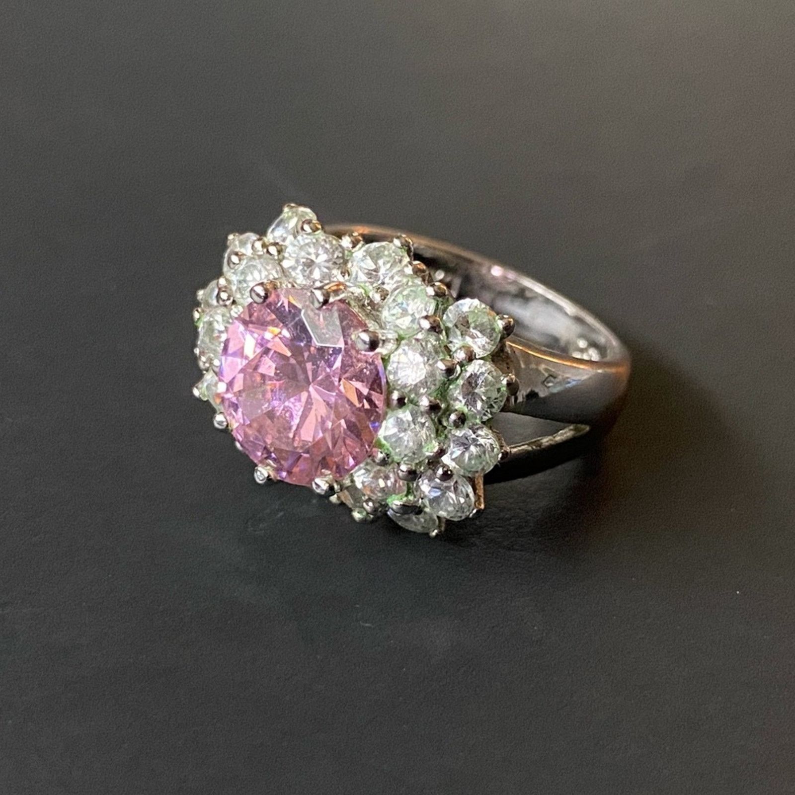 Vintage Costume Pink Rose Quartz And CZ Stone Ring Size ONE SIZE - 2 Thumbnail