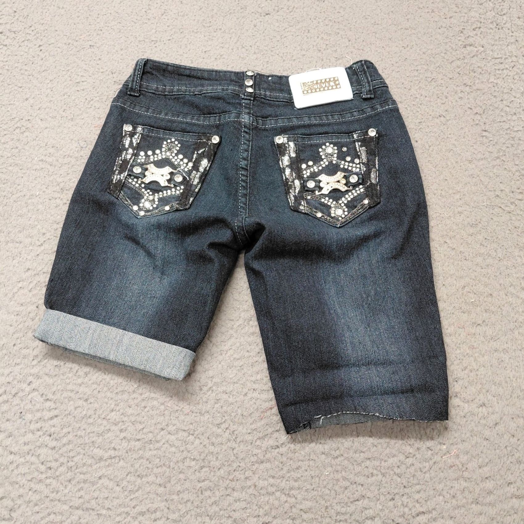 Vintage At Seven 7 Shorts Jeans Junior's Size 1 Blue Skinny Dark Wash Denim Bling Rhinestone Logo 5-Pocket Design Regular Fit Boys Girls Teens Vintage No Size 25" / US 0 / IT 36 - 2 Thumbnail