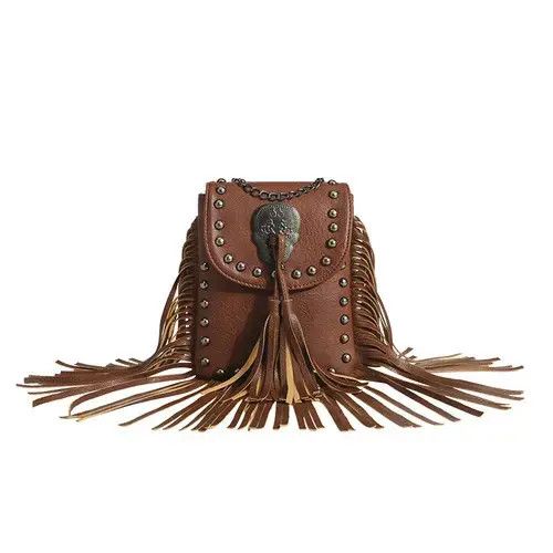 Vintage Brown Retro Fringed Rivet Crossbody Bag Size ONE SIZE - 2 Thumbnail