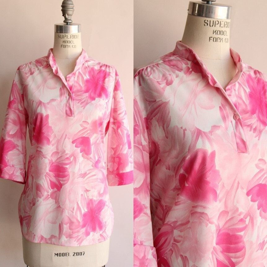 Vintage Vintage 1960s Blouse, Ro-Vel Pink And White Floral Print Nyl Size L / US 10 / IT 46 - 1 Thumbnail