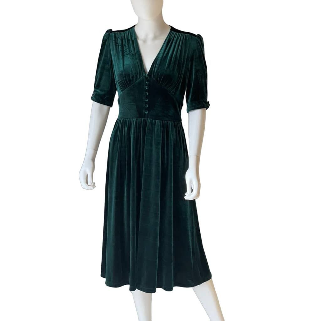 image of Ralph Laurent Puff-Sleeve Velvet Midi Dress In Green, Women's (Size Small)