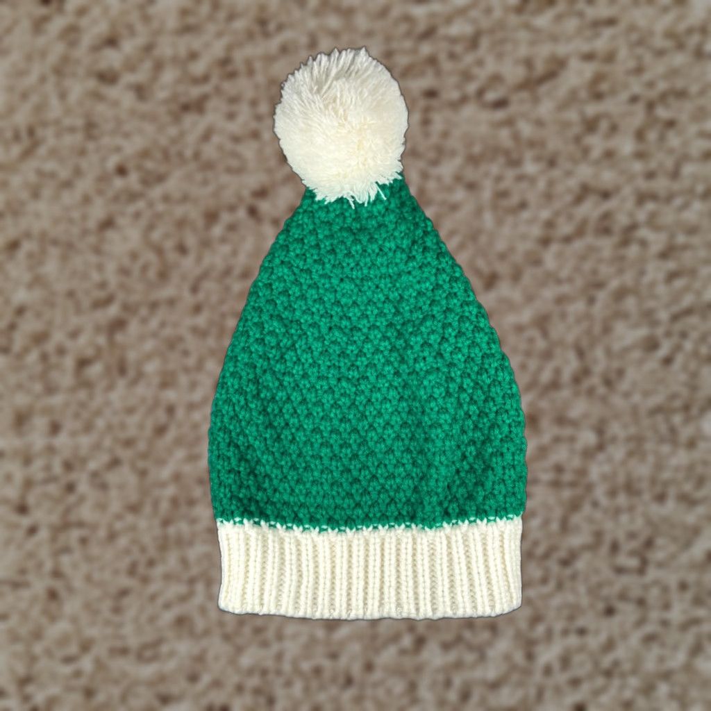 Vintage Beanie Toque Adult One Size Green White Knit 100% Acrylic Snow Ski Pom Size ONE SIZE - 1 Thumbnail