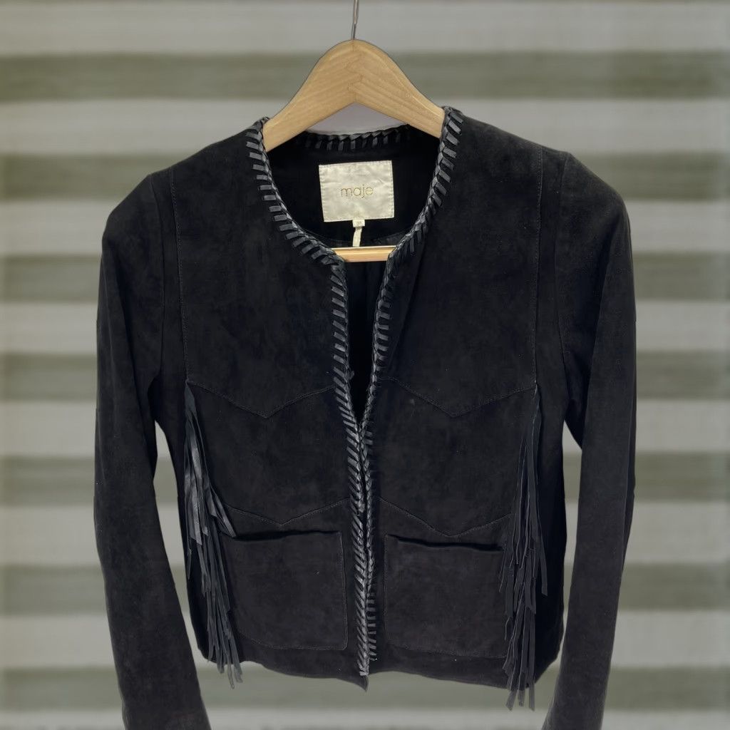 Maje Maje Lamb Leather Jacket Women Size 38 Black Fringe Western Rodeo Rockabilly Jacket Size XS / US 0-2 / IT 36-38 - 1 Thumbnail