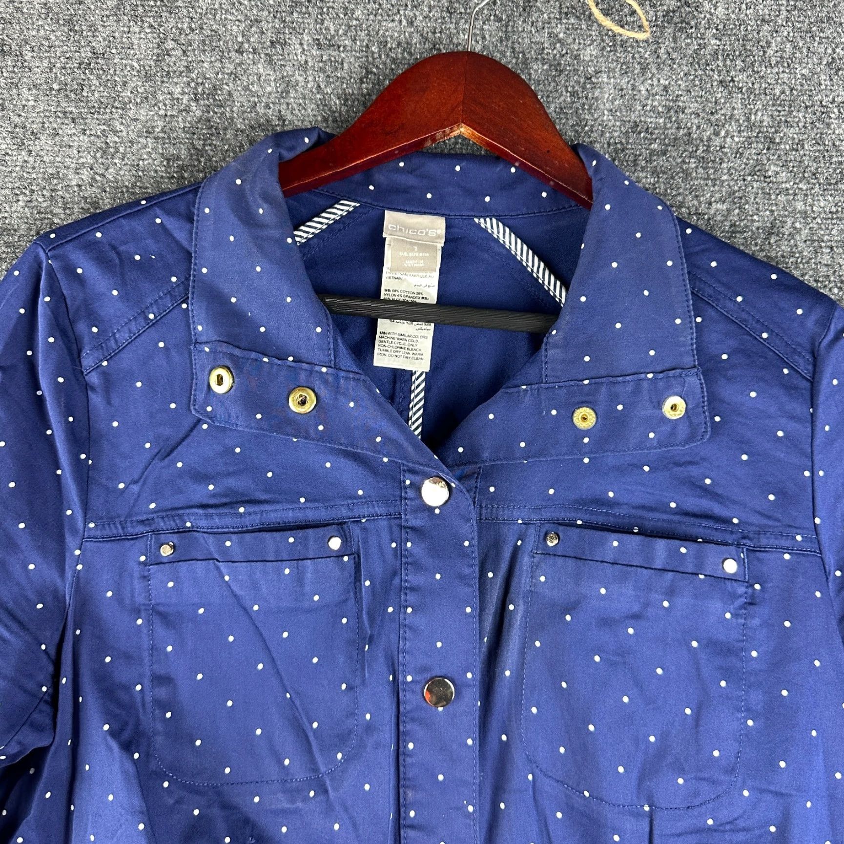 Vintage Chicos Jacket Womens 8 Snap Front Blue Polka Dot Stretch Pockets Shirt Womens Jacket Outfit Size M / US 6-8 / IT 42-44 - 3 Thumbnail