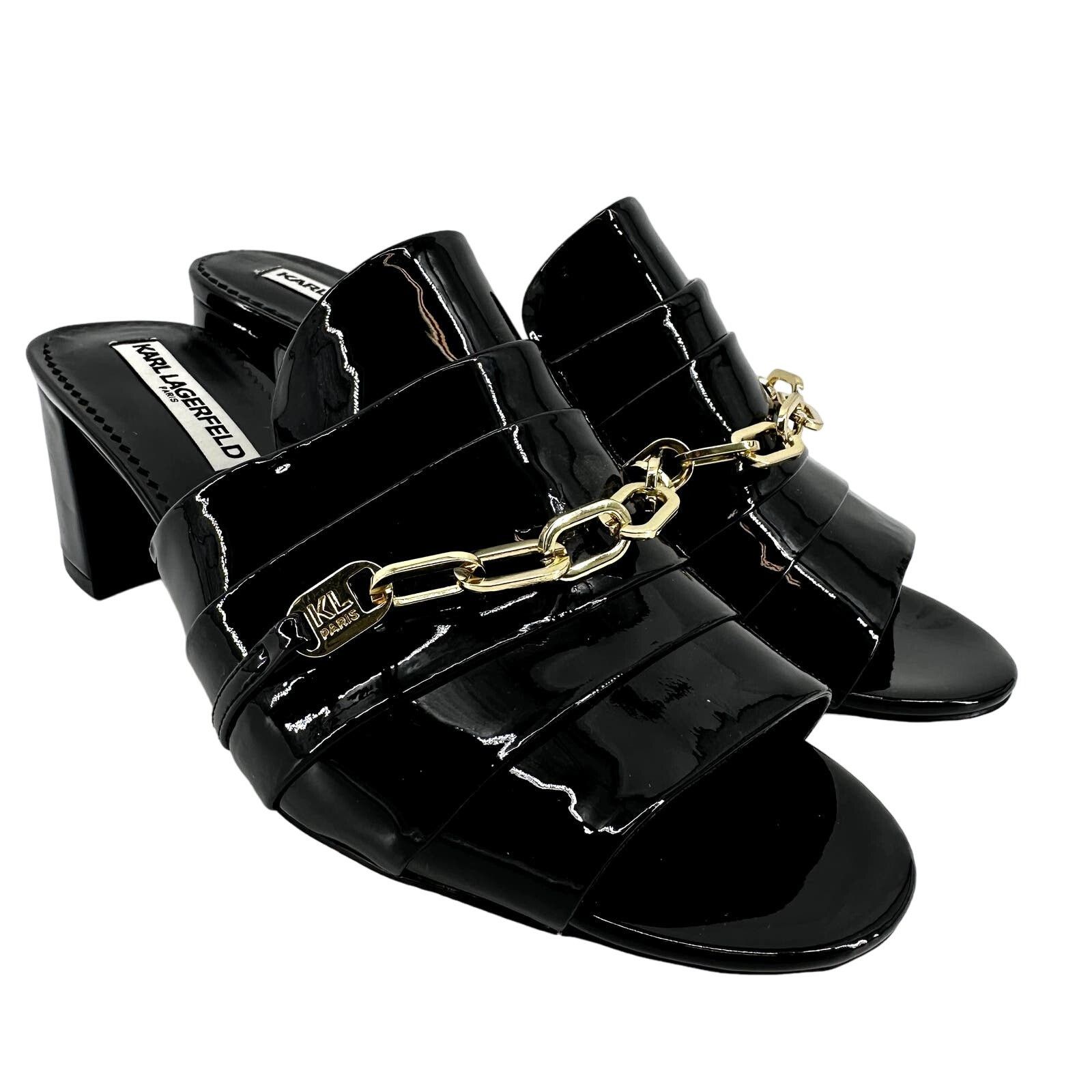 Karl Lagerfeld Block Heel Shoes Sandals Chain Leather Black 8.5, Women's