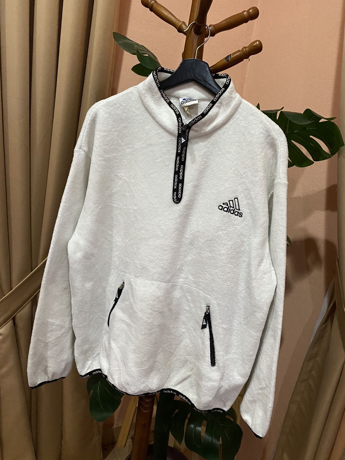Adidas Vintage Adidas White Fleece Pullover Jacket - 1990s - Unisex Size US M / EU 48-50 / 2 - 2 Thumbnail