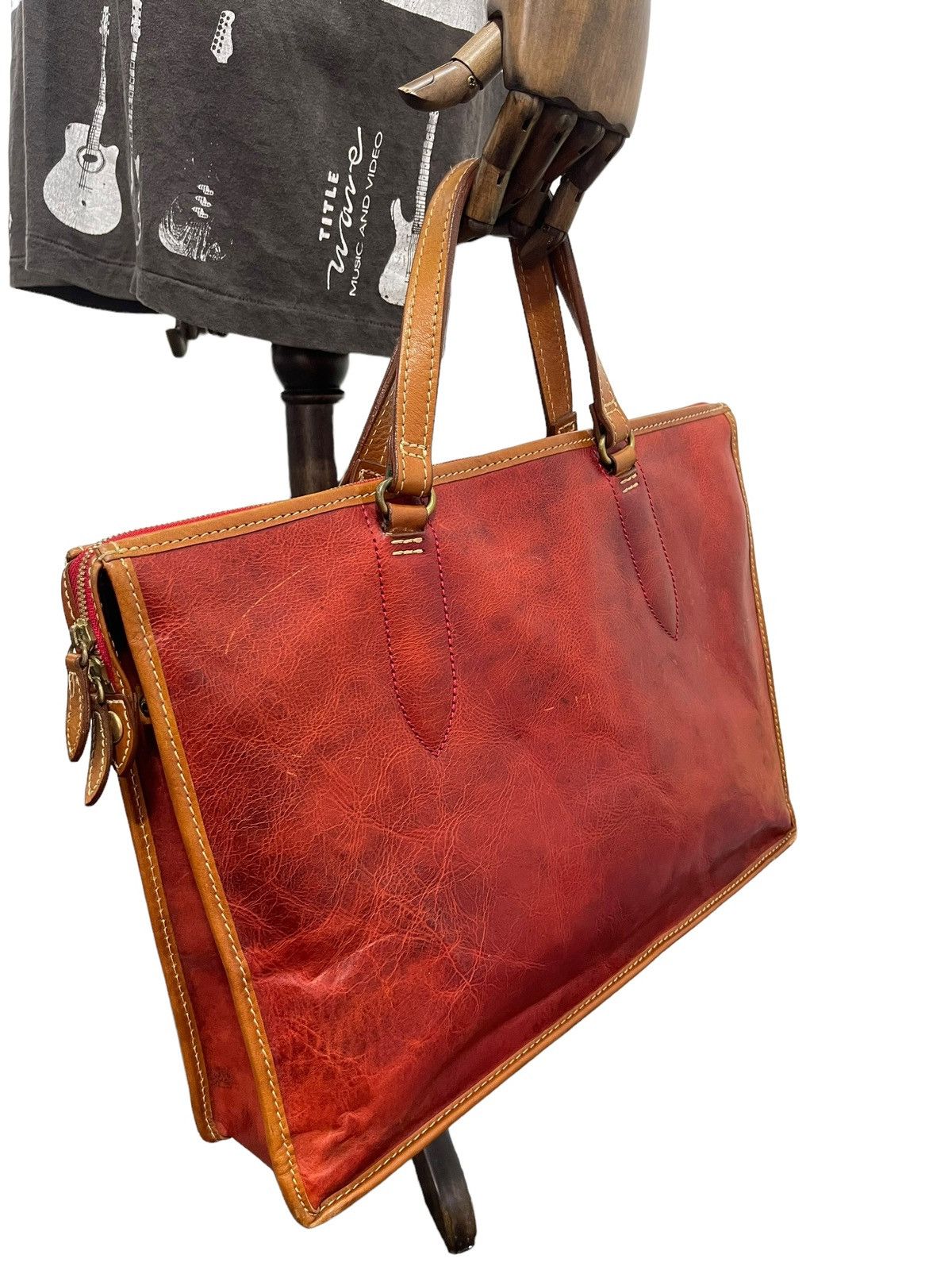 Japanese Brand Full Leather Patina Red Deux Moncx Artisan Made Hand Bag 4🟩 Size ONE SIZE - 4 Thumbnail