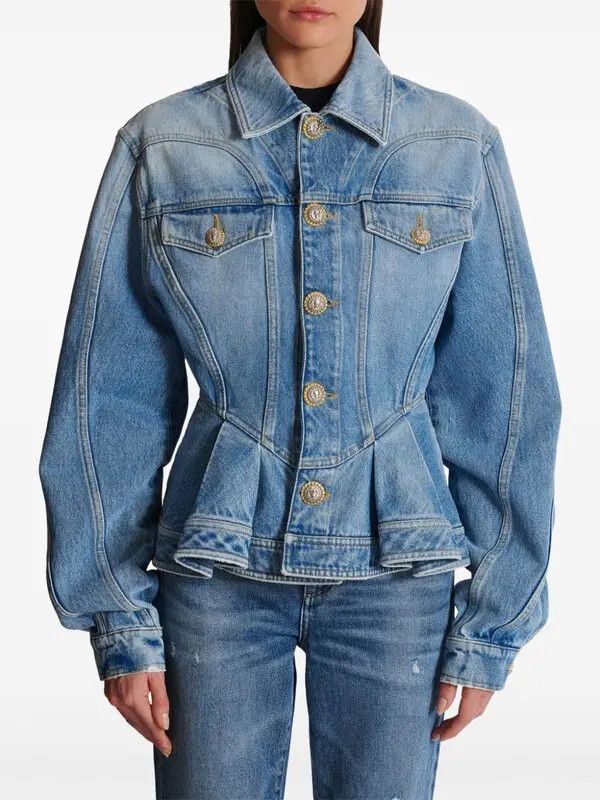 Balmain o1s1wg110825 Logo Buttons Pleated Denim Blazer in Blue Size XL / US 12-14 / IT 48-50 - 5 Thumbnail