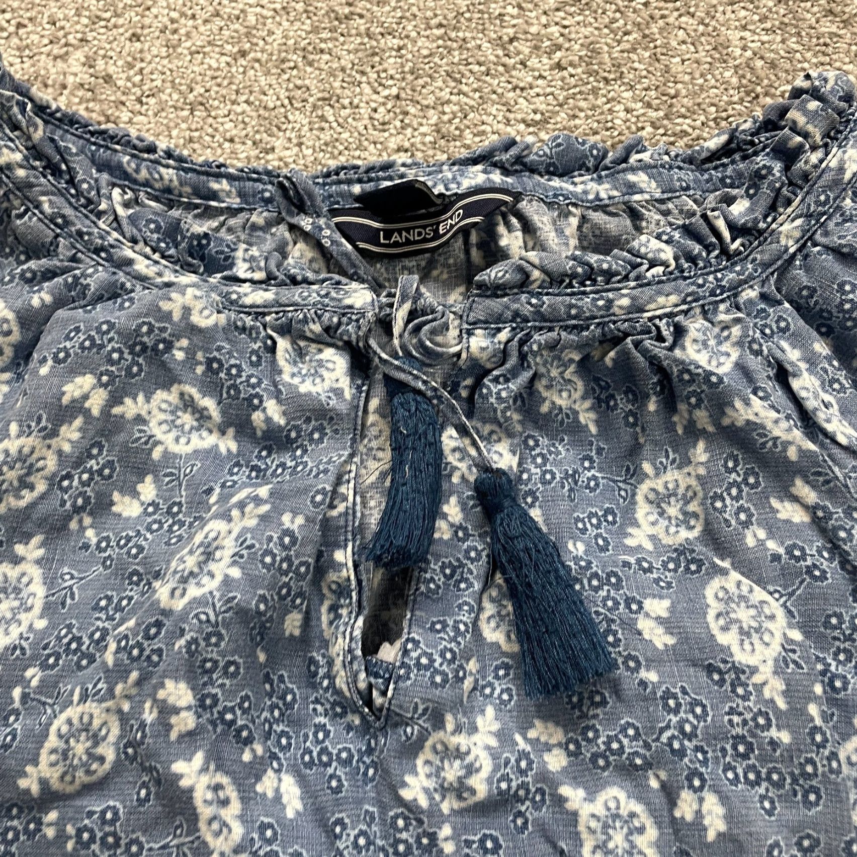 Lands' End Lands' End Linen Blouse Womens 3XL Blue Floral 3/4 Sleeve Tassel Relaxed Tunic Shirt Size XXL / US 16-18 / IT 52-54 - 4 Thumbnail