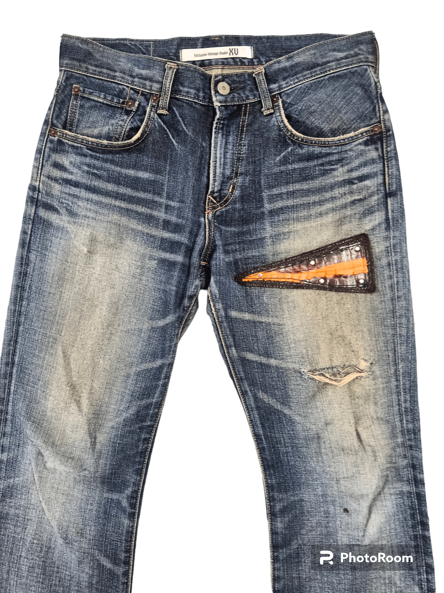 Edwin Crocodile Skin Leather Patchwork Distressed Flare Denim Size US 29 - 3 Thumbnail