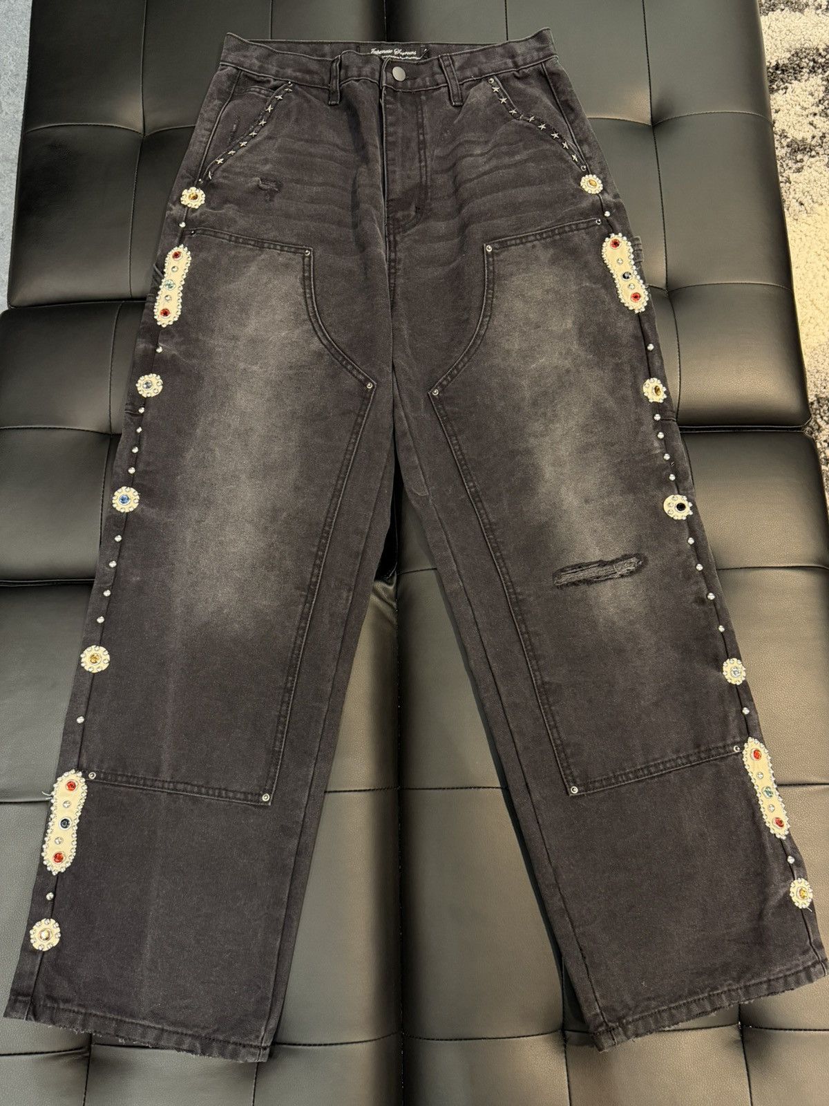 Other Size 36 - JP Sorrow Rhinestone Double Knee Denim Black Size US 36 / EU 52 - 1 Thumbnail